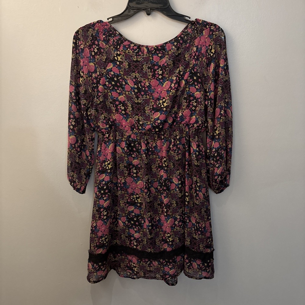 Black Floral Long Sleeve Dress Smocked Babydoll Peasant Whimsygoth women’s Sz S - Picture 2 of 7